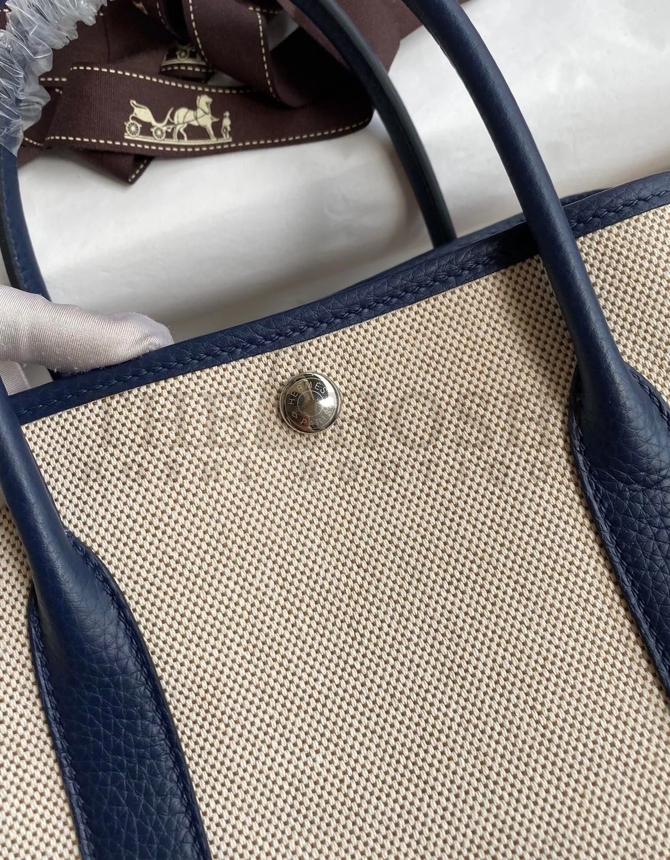 H**me5 Garden Party 30 Handmade Bag in Toile and Blue Leather Master Quality