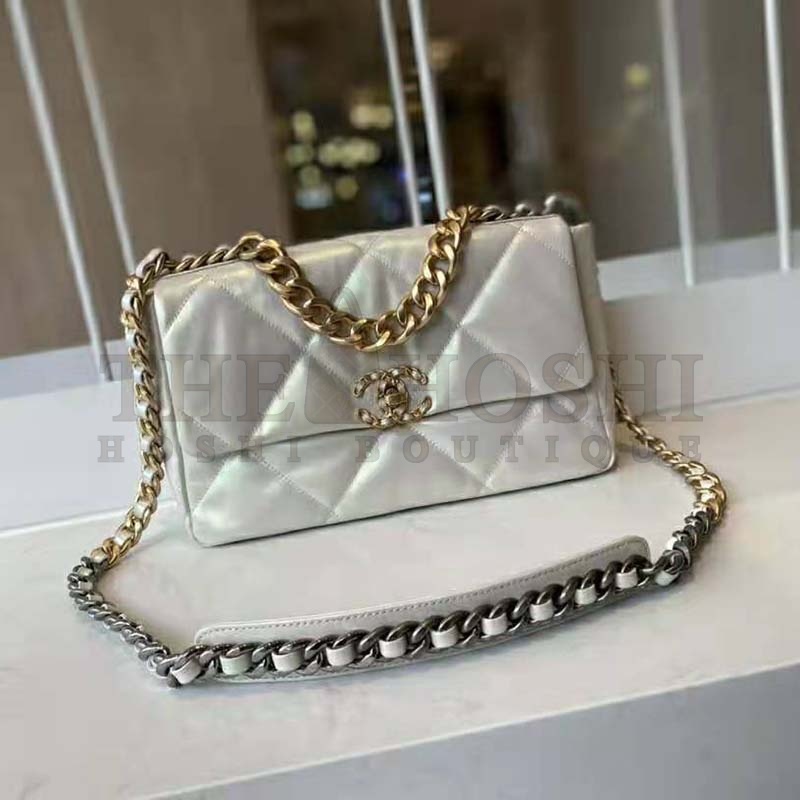 Ch**el Women 19 Large Flap Bag Iridescent Calfskin Gold Silver-Tone & Ruthenium-Finish Metal White Master Quality