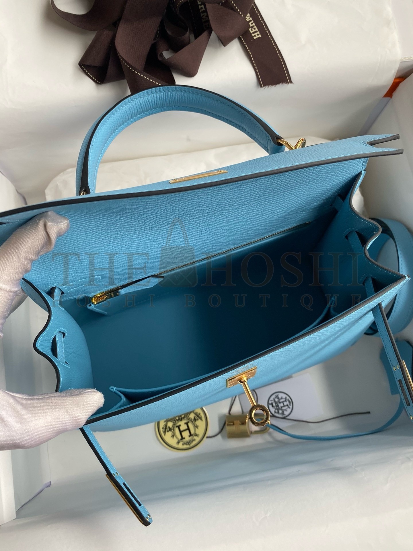 H**me5 Kelly Sellier 25 Handmade Bag In Blue Candy Epsom Calfskin Master Quality