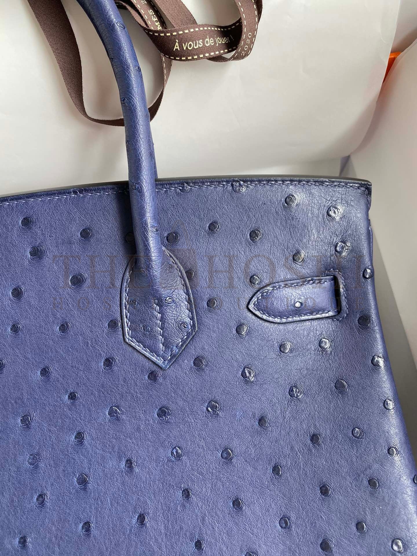 H**me5 Birkin 30 Retourne Handmade Bag In Blue Iris Ostrich Leather Master Quality