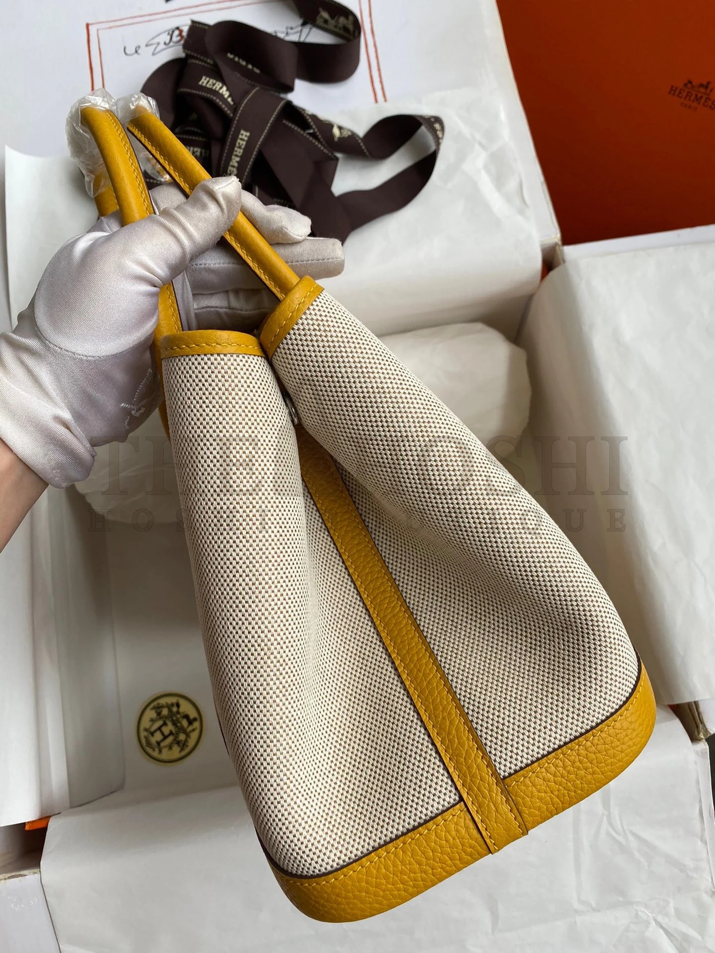 H**me5 Garden Party 30 Handmade Bag in Toile and Yellow Leather Master Quality