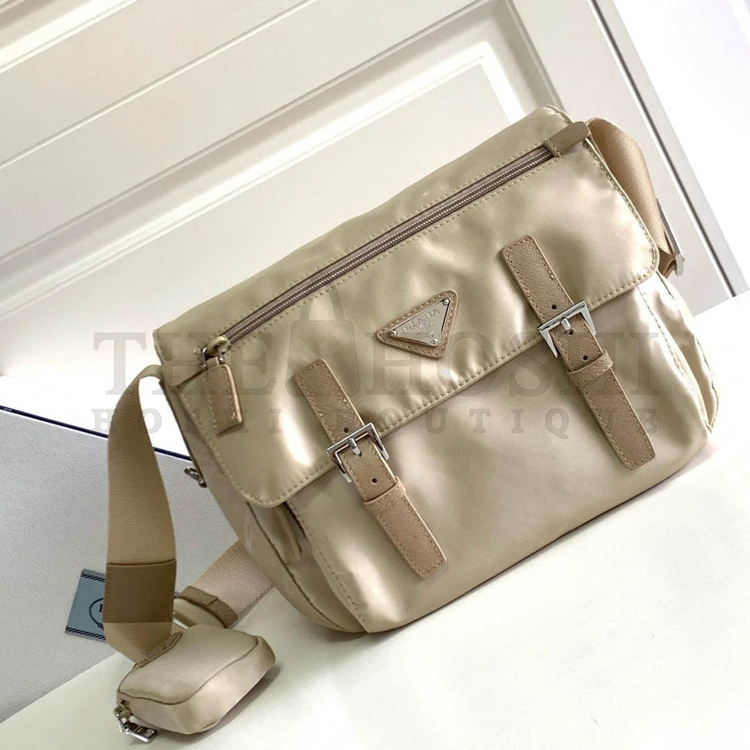 Pra*a Shoulder Bag with Flap in Beige Re-Nylon Master Quality