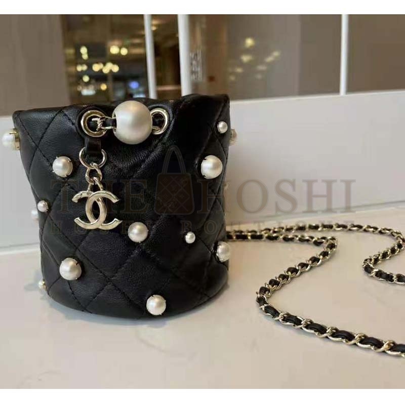 Ch**el Women Mini Drawstring Bag Lambskin Imitation Pearls &amp; Gold-Tone Metal Black Master Quality