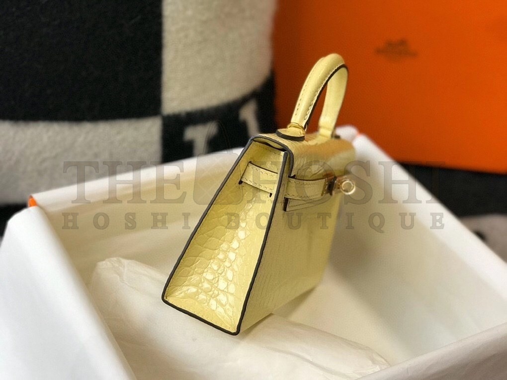 H**me5 Kelly Mini II Bag In Jaune Poussin Embossed Crocodile Calfskin Master Quality