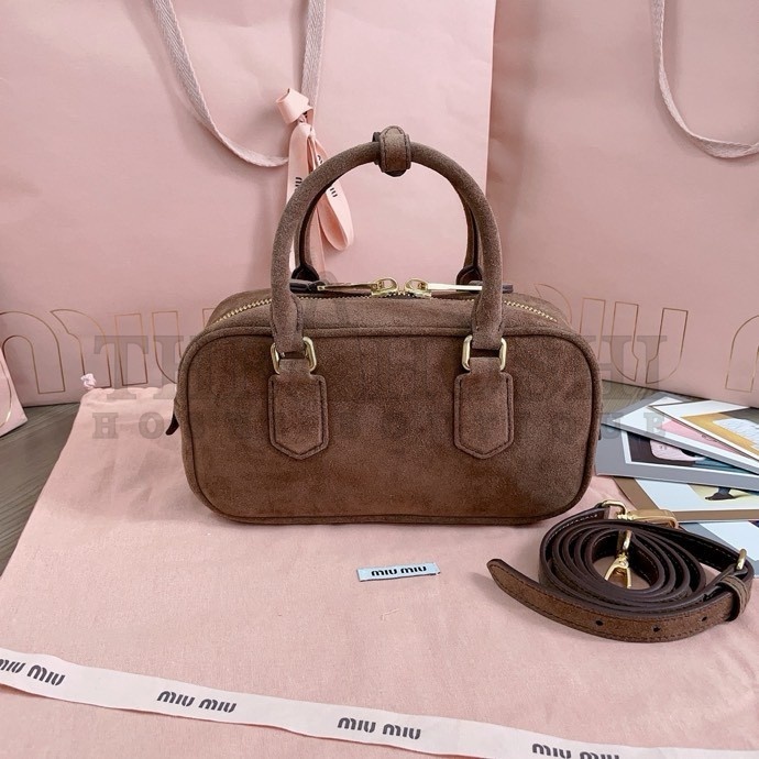 Miu Miu M1um1u Suede Bowling Bag Brown Calfskin Leather 22x10.5x7.5cm 5BB142 Master Quality
