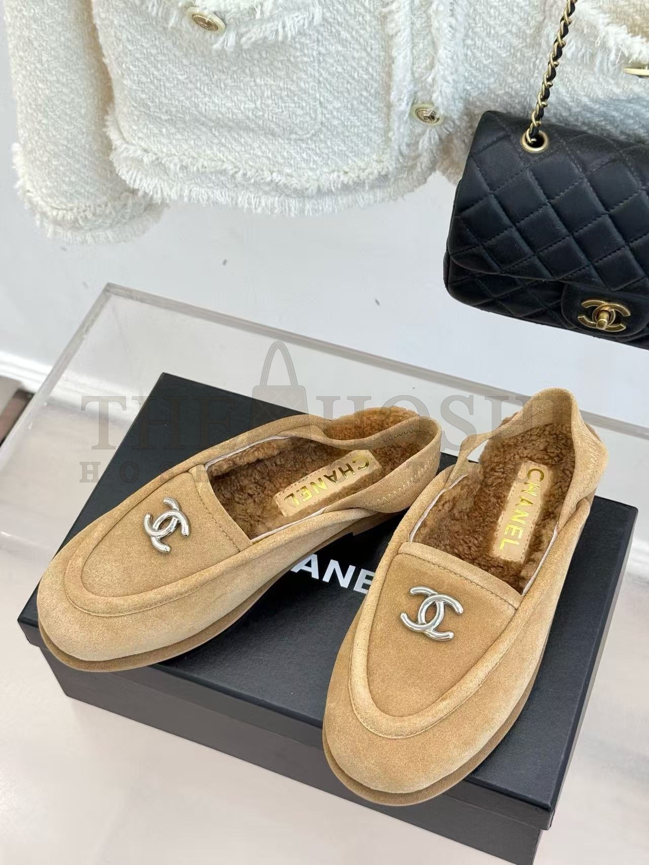 Ch**el CH 25K Fur Mule Slippers Suede Leather Shearling Lined Beige 35-41 Master Quality