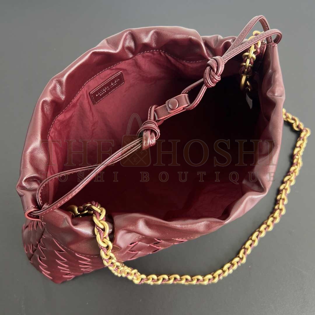 B0tt*ga Ven*ta bv Dustbag Notte Burgundy Intrecciato Leather Pouch Bag with Gold Chain Strap Luxury Crossbody Bag Master Quality