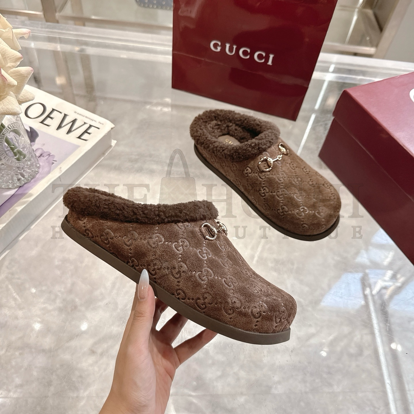 Gvc*1 Drak Brown Leather Horsebit-Detailed Shearling-Lined Mules Sandals Sizes 36-42 Master Quality