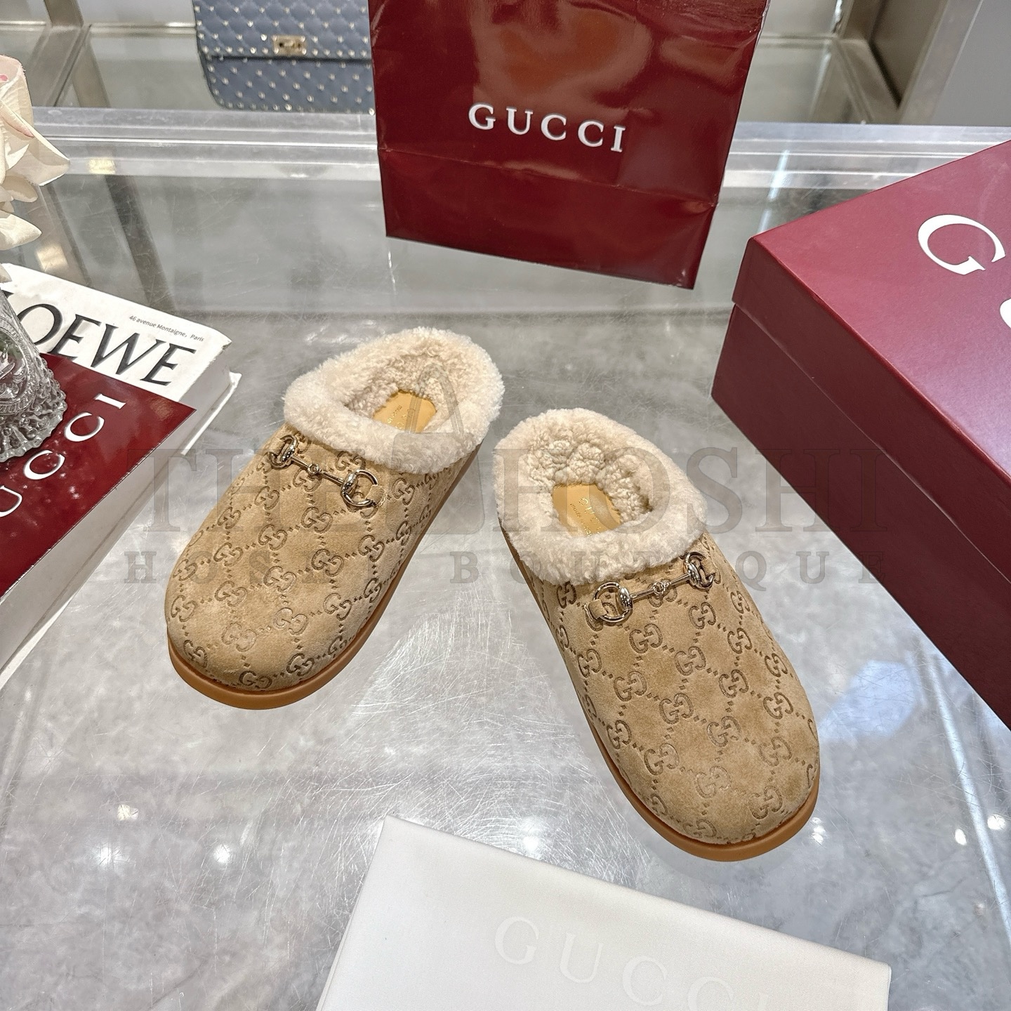 Gvc*1 Yellow Leather Horsebit-Detailed Shearling-Lined Mules Sandals  Sizes 36-42 Master Quality