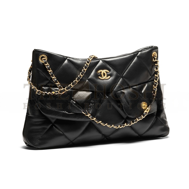 Ch**el SHOPPING BAG SHINY LAMBSKIN &amp; GOLD-TONE METAL BLACK AS5740 (38*26*11cm) Master Quality