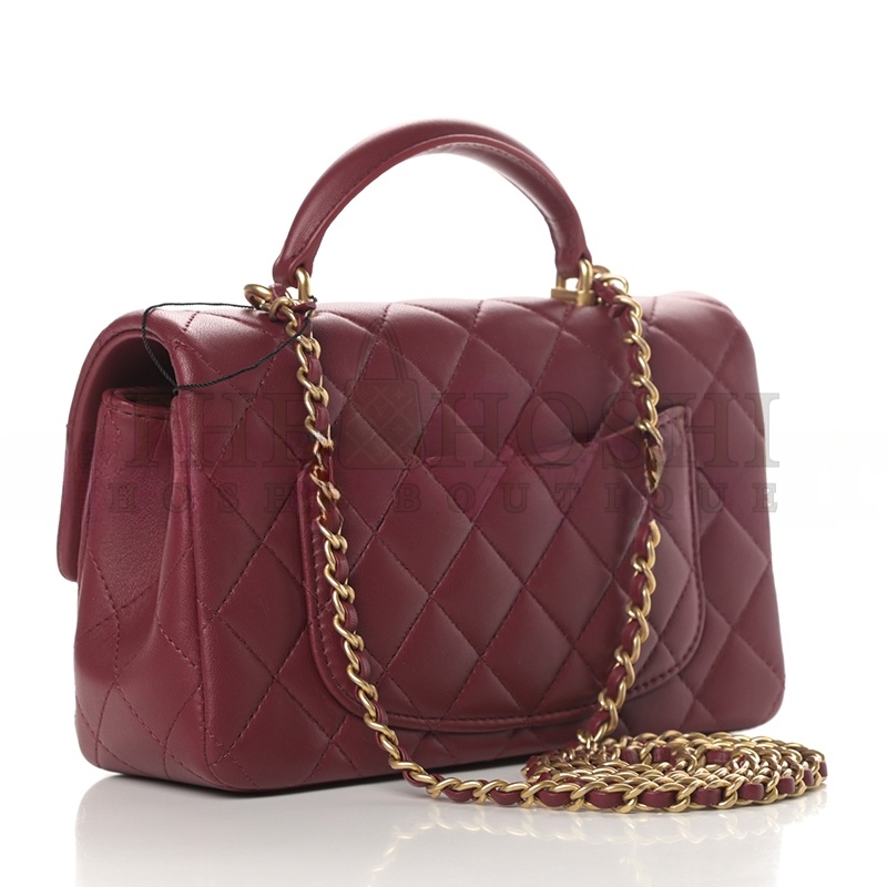 Ch**el LAMBSKIN METAL QUILTED MINI TOP HANDLE RECTANGULAR FLAP BURGUNDY 791222 (20*13*6cm) Master Quality
