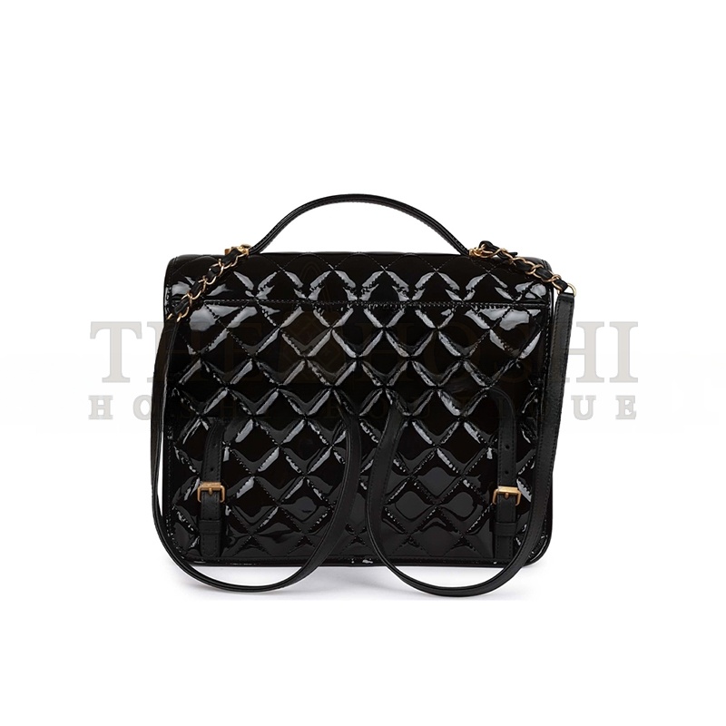 Ch**el LARGE FLAP BACKPACK BLACK PATENT ANTIQUE GOLD HARDWARE (30*23*10cm) Master Quality