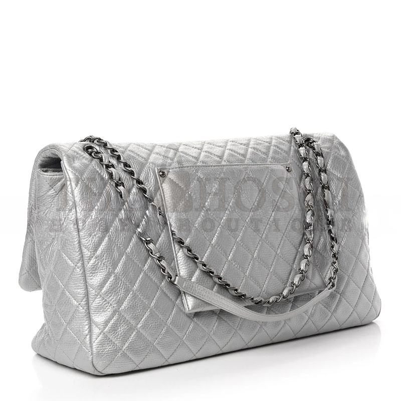 Ch**el METALLIC CALFSKIN QUILTED XXL TRAVEL FLAP BAG SILVER (44*25*14cm) Master Quality