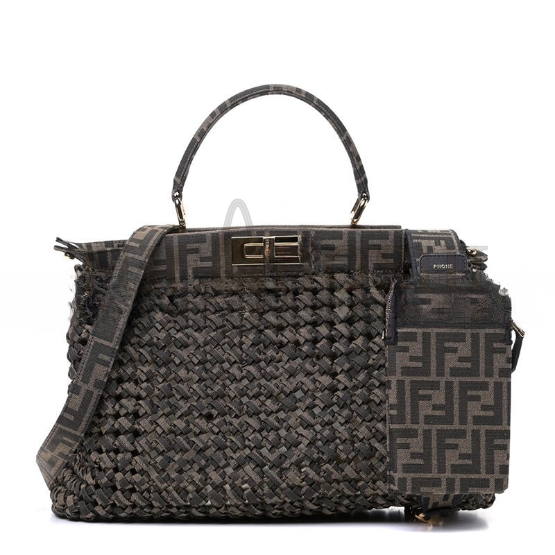 F**di FABRIC JACQUARD FF 1974 WOVEN KNOTTED MEDIUM PEEKABOO ICONIC SATCHEL TOBACCO MORO (34*25*13cm) Master Quality