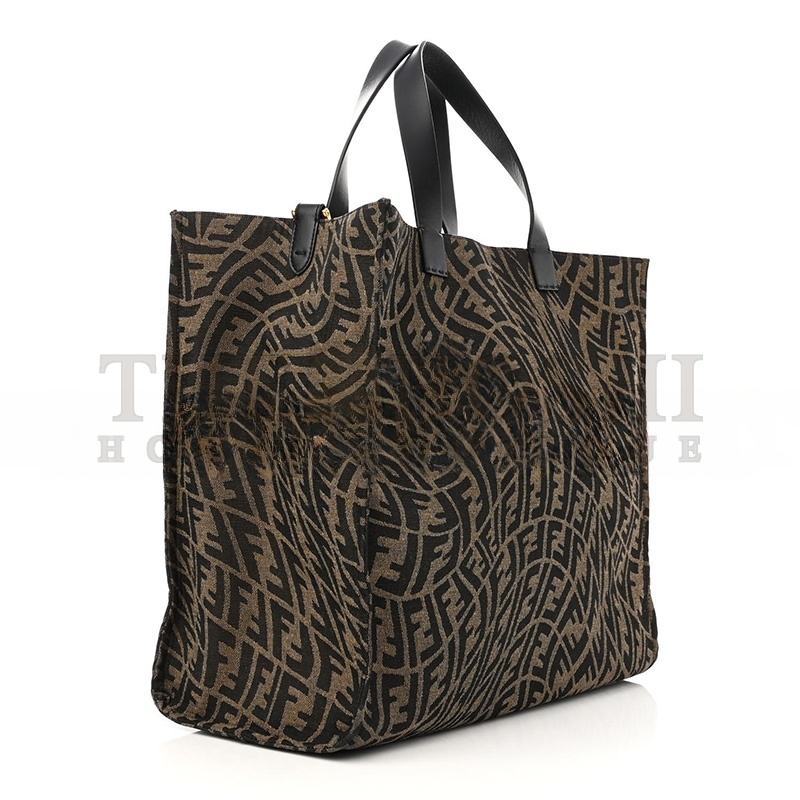F**di X SARAH COLEMAN FABRIC JACQUARD VITELLO KING FF VERTIGO SHOPPING TOTE BAG TOBACCO MORO BLACK (39*35*19cm) Master Quality