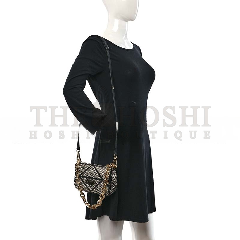 Pra*a CRYSTAL MINI BAG WITH CHAIN BLACK 1BD329 (17*11.5*6cm) Master Quality