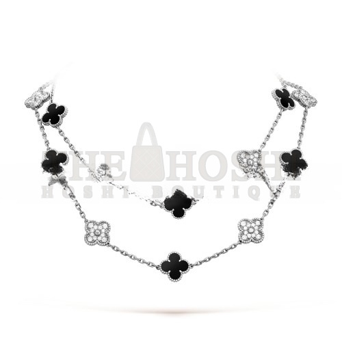 V*n Cl**f ARPELS VINTAGE ALHAMBRA LONG NECKLACE, 20 MOTIFS - WHITE GOLD, D1am0nd, ONYX VCARP2R800 Master Quality