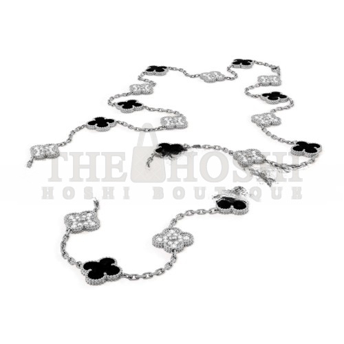 V*n Cl**f ARPELS VINTAGE ALHAMBRA LONG NECKLACE, 20 MOTIFS - WHITE GOLD, D1am0nd, ONYX VCARP2R800 Master Quality
