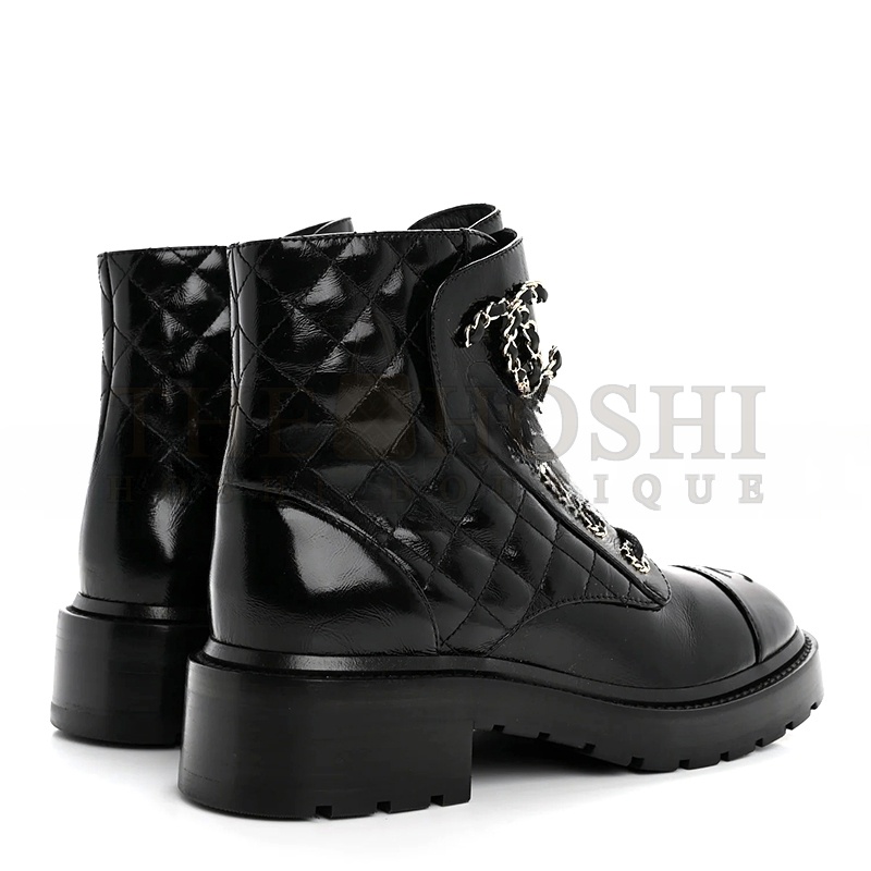 Ch**el SHINY CALFSKIN QUILTED LACE UP COMBAT BOOTS G36424 Master Quality