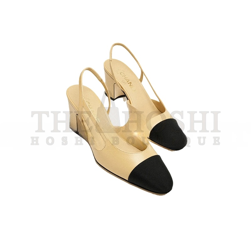 Ch**el SLINGBACKS GOATSKIN & GROSGRAIN BEIGE & BLACK G31318 Y50006 C8378 Master Quality