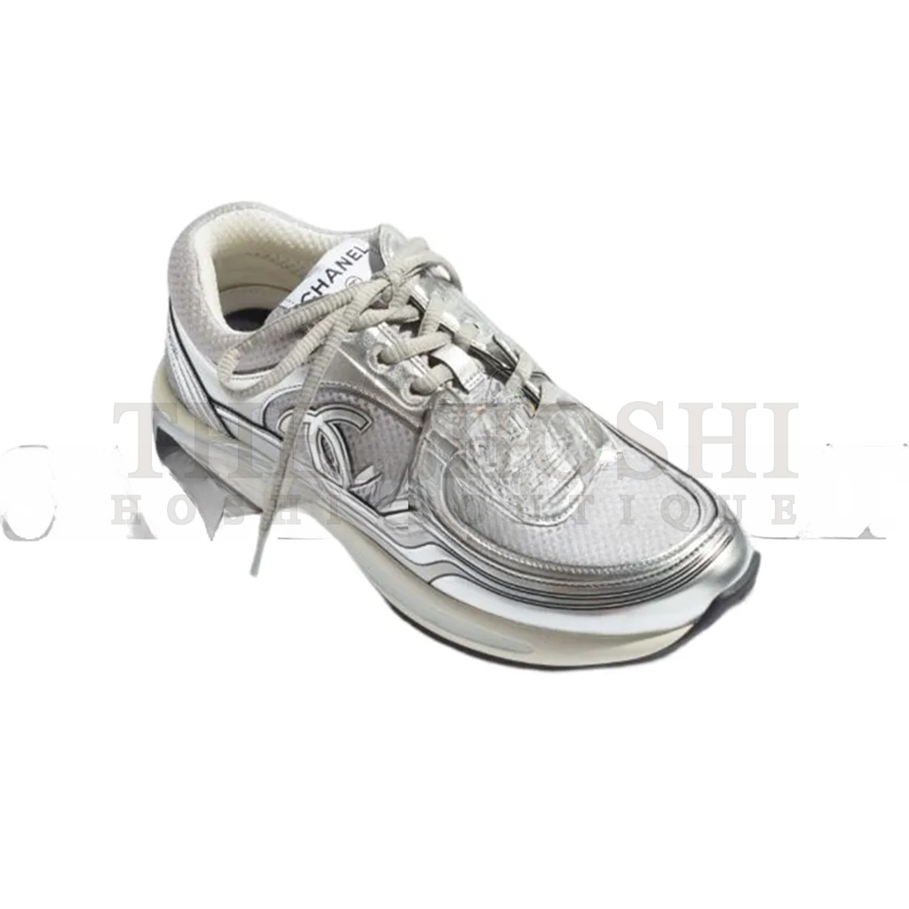 Ch**el FABRIC LAMINATED CALFSKIN STRETCH CC SNEAKERS WHITE SILVER G39792 Master Quality
