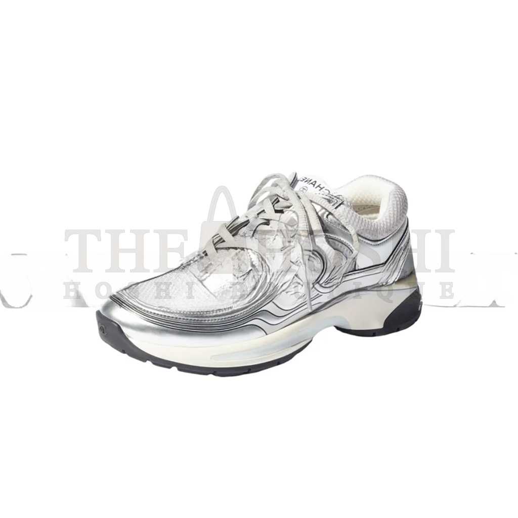 Ch**el FABRIC LAMINATED CALFSKIN STRETCH CC SNEAKERS WHITE SILVER G39792 Master Quality
