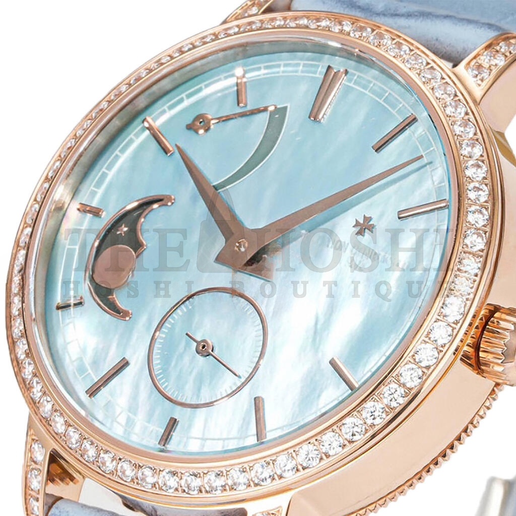 VACHERON C0nstan1n TRADITIONELLE MOON PHASE BLUE MOP DIAL WITH D1am0nd BEZEL IN PINK GOLD ON BLUE LEATHER STRAP 36MM WATCH 83570/000R-9915 Master Quality